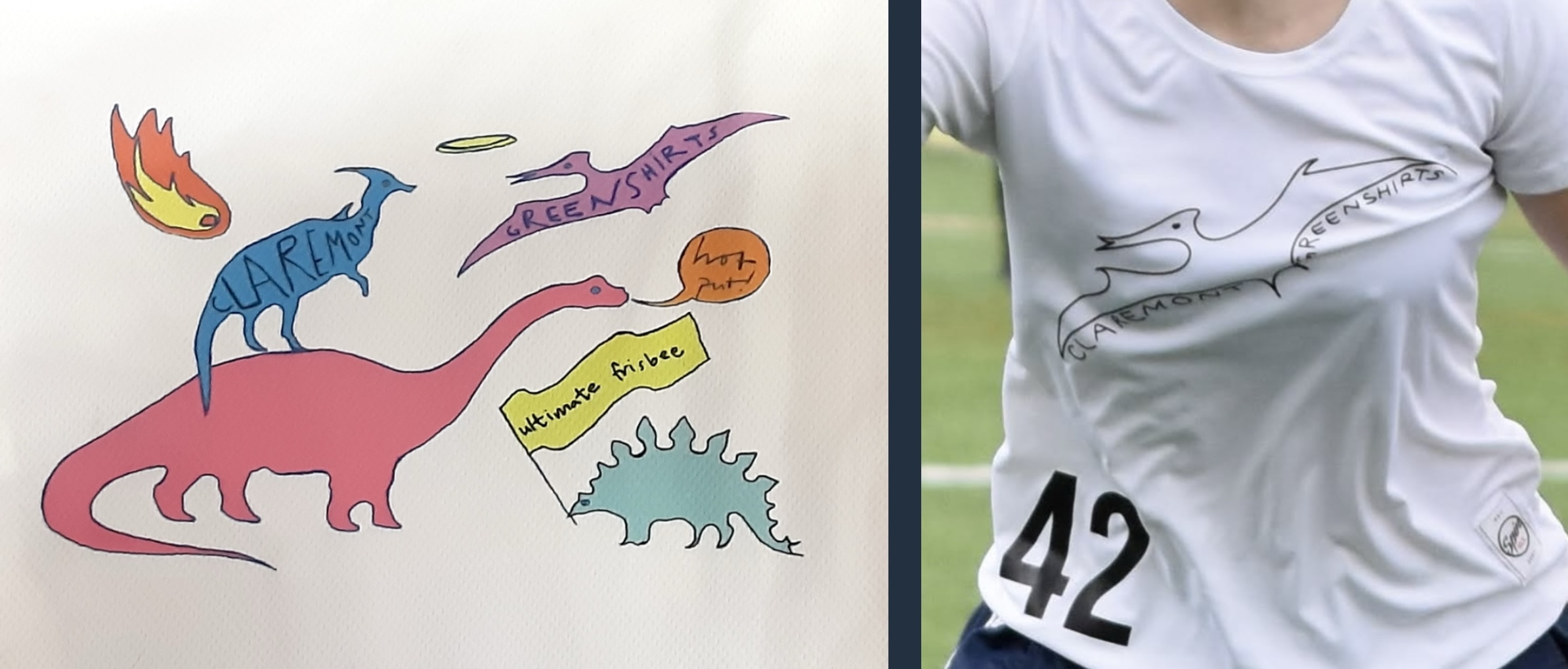 Original Greenshirts dinosaur drawings and a picture of the pterodactyl drawing on a Greenshirt's light jersey